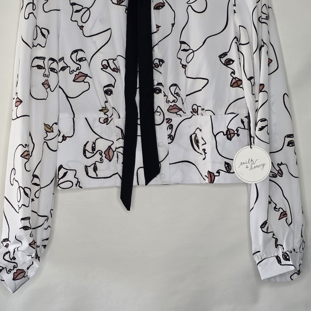 Milk & Honey Tie Neck Shirt XL Faces Print Button-up Top Long Sleeve Artsy NEW - Picture 3 of 13